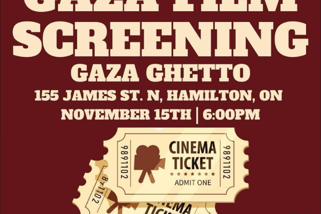 A poster for the Gaza Film Screening taking place at Hamilton Artists Inc. The poster features two movie ticket stubs and light yellow text that reads "Gaza Film Screening"