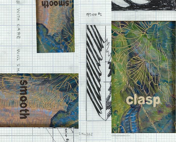 Collage with maps and text on graph paper.
