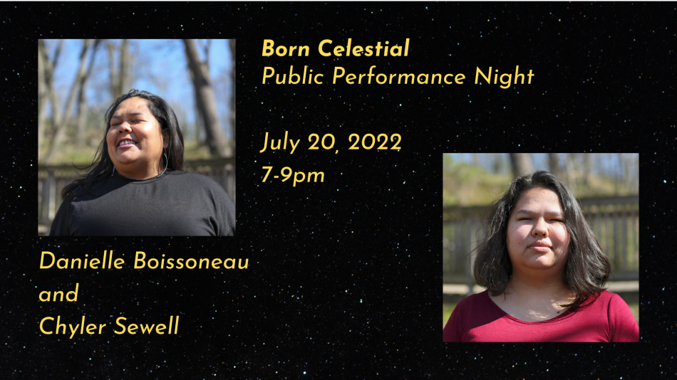 Born Celestial poster, black background with bright yellow text about the event, with two square photos of the artists from the chest up
