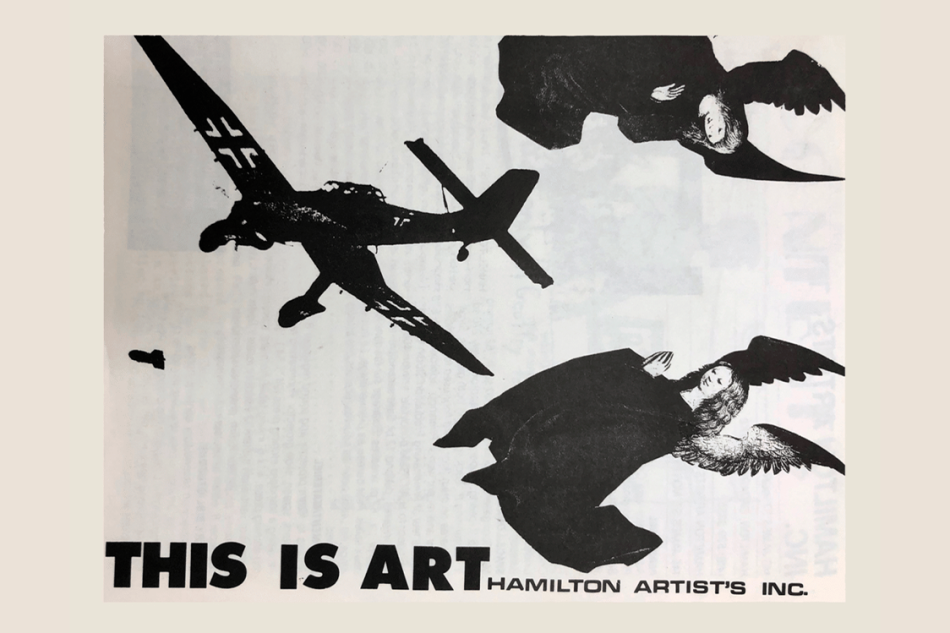 Text on the bottom of the image reads "THIS IS ART. HAMILTON ARTISTS INC." above the text is drawings of two angels and a plane. 