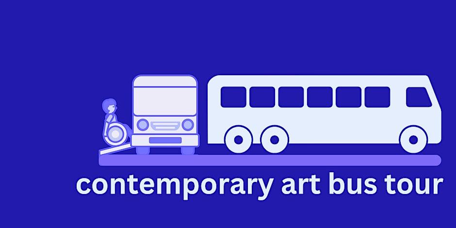 The image is a simple graphic advertising the contemporary art bus tour. The graphic features two transport buses. One bus is viewed from the front, and another bus is viewed from it's right side. The front viewed-bus is being boarded by a person in a wheelchair. Underneath the two buses is a simple line of text which reads "contemporary art bus tour". The colours for the bus and person are white and light blue and the colour of the background is a simple dark blue.