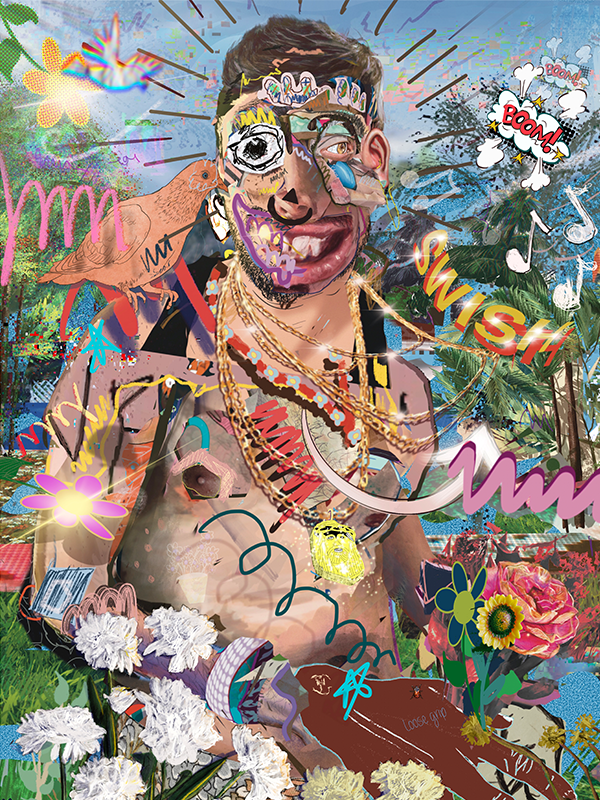 A collaged image of a person from the torso up to the head. Each feature is a separately collaged piece, distorting the sizes and positions of the person’s features. Some features, such as one of the eyes and also the hand, are drawn rather than photographed. Surrounding the person are images, clip art, and paintings of various flowers. A drawing of a bird sits on the person’s shoulder. Lively marks and scribbles are incorporated in the piece. The work is vibrant, colourful and chaotic while still being able to communicate the idea of a portrait.