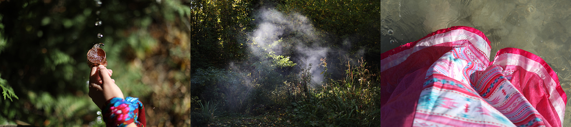 A wide image depicting three scenes: a light presenting hand bouncing a metallic cup, plumes of illuminated smoke rising from a forest, and the edges of a colorfully patterned garment stirring gently under water.