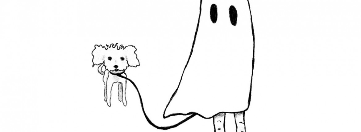 A black drawing on a white background depicting a person wearing a sheet with two holes cut out for eyes. The person is wearing striped socks and is holding a leash. The leash is attached to a small dog who appears to be floating.