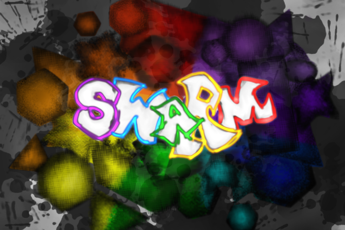 Hand drawn lettering that reads "SWARM" in all capitals, on a paint splattered background.