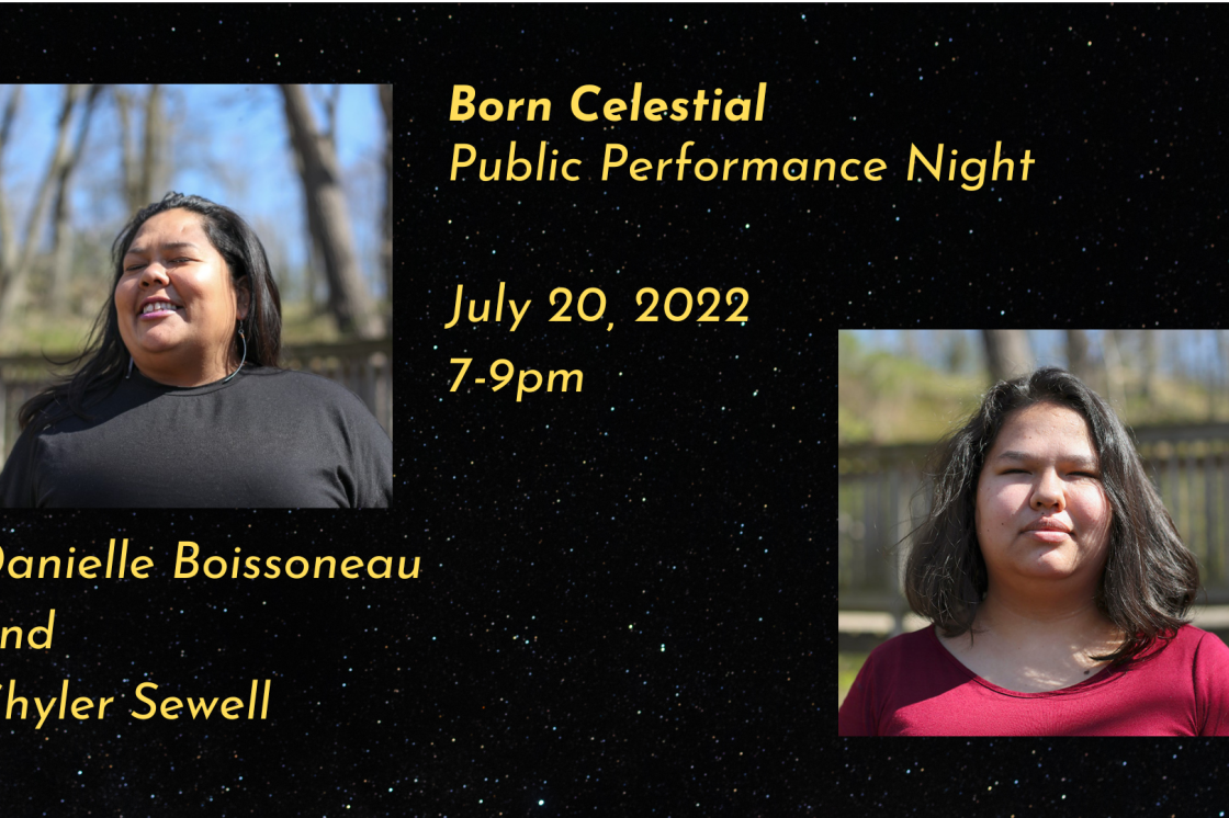 Born Celestial poster, black background with bright yellow text about the event, with two square photos of the artists from the chest up