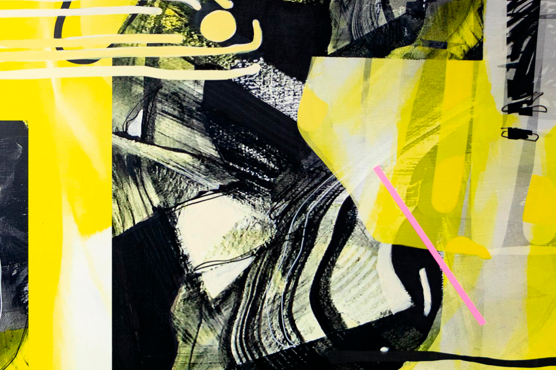 Detail view of an abstract yellow and black painting with a pink detail line