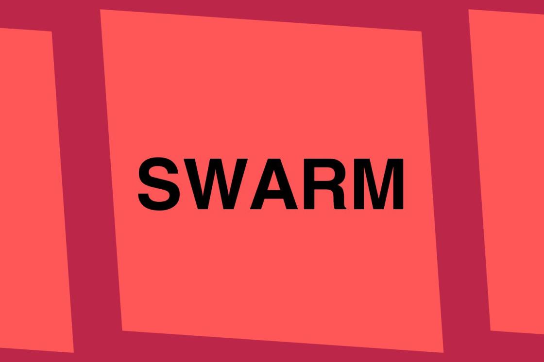 The image is a logo for the exhibition SWARM. The graphic is a dark red rectangle on it's long side with a pattern of three offset orange coloured-squares overlayed. In black text, the word SWARM appears in the center.