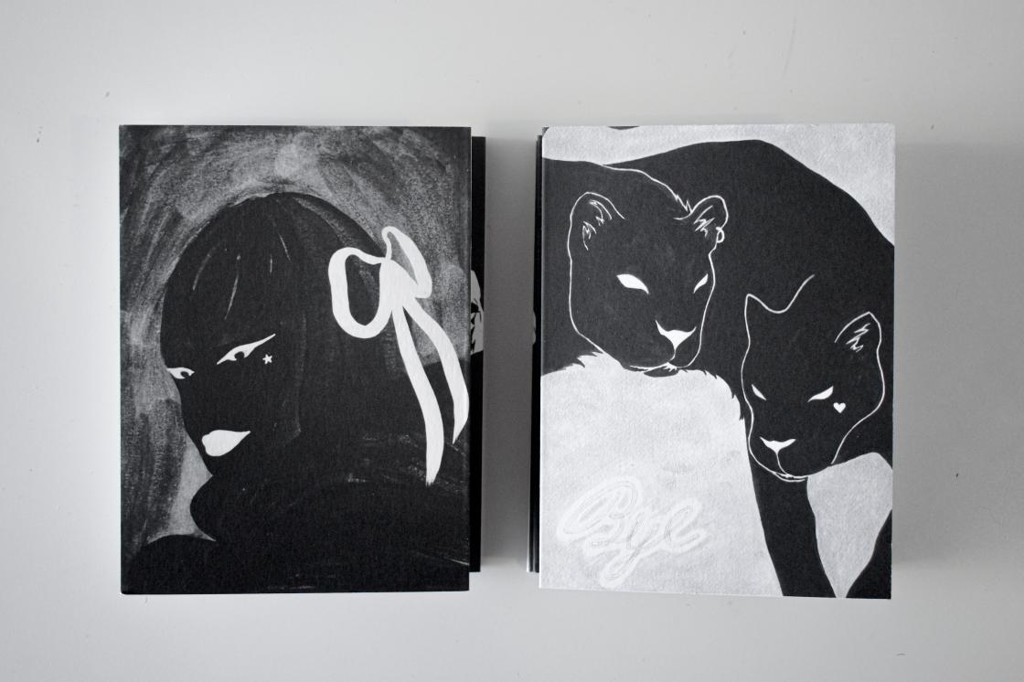 The image is a photo of two accordion-style zines made by Yan Wen Chang and Phillip Ocampo. The zines sit on their back covers, with their front covers in the center of the frame. The zine on the left features a stylistic monochromatic rendering of a figure wearing a ribbon in their hair. Their narrow eyes, eyebrows, lips, and ribbon are the only purely white elements. There's a star under the left eye. The zine on the right features a similarly styled monochromatic rendering of two large cats.