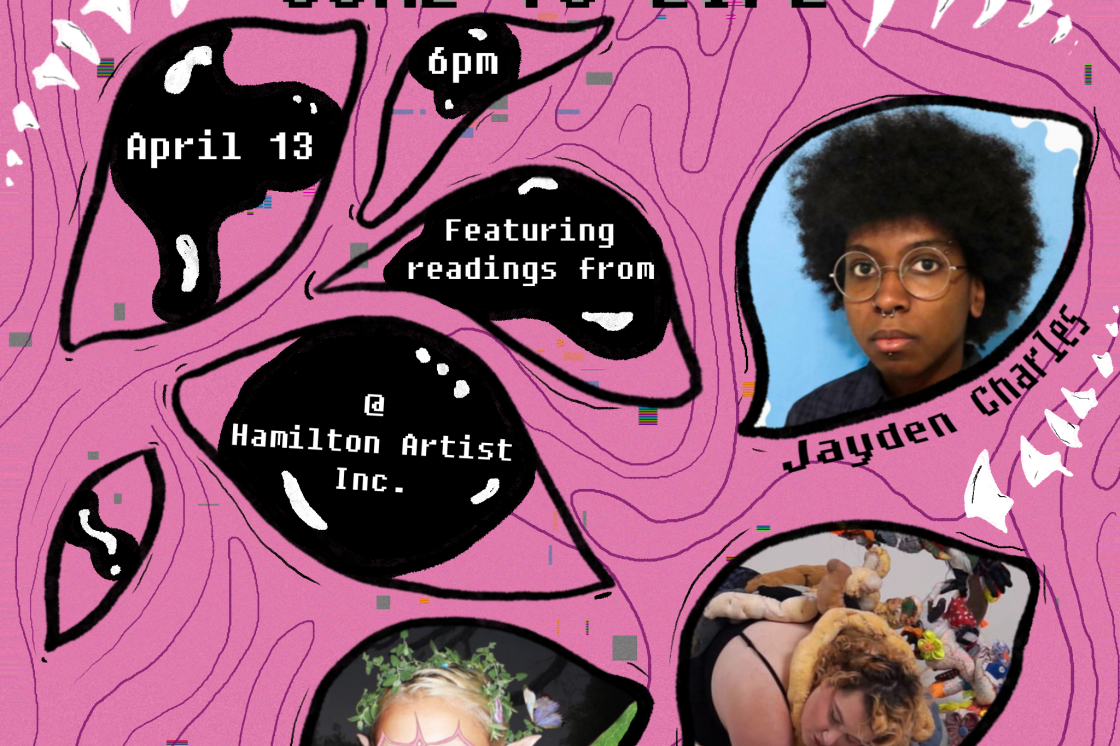 The image is a graphic poster advertising the Zine Machine launch. Text reads "Watch the Zine Machine Come to Life". April 13, 6pm featuring readings from Jayden Charles, Vania Void, and Birdie Gerhl.