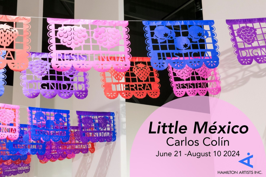 The image is a photo of the installation view of the work "Festivities on Sunny Days" by Carlos Colín. The work features five sets of rectangular plastic hanging flags on lines. The flags are red, pink, purple, and blue. Each flag has pieces cut from them to create a floating stencil effect, where negative space creates and image. Each flag is transformed into a window-like structure with various fruit, with a word beneath. The words used for the flags are "Tierra", "Dignidad", "Resistencia", and "Justicia"