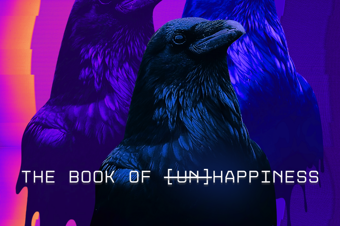This image is the exhibition banner for Olivia Shortt's exhibition, "The book of [un]happiness". The image shows 3 multicoloured crows overlayed on top of a purple and blue background.