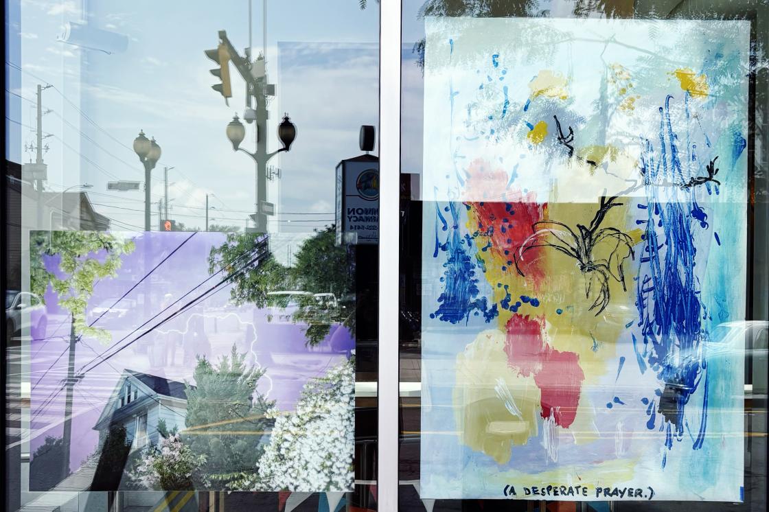 This is the window exhibition, 'Didn't you say you had been here?' featuring works by Carmella Dolmer and Paul Seaton.