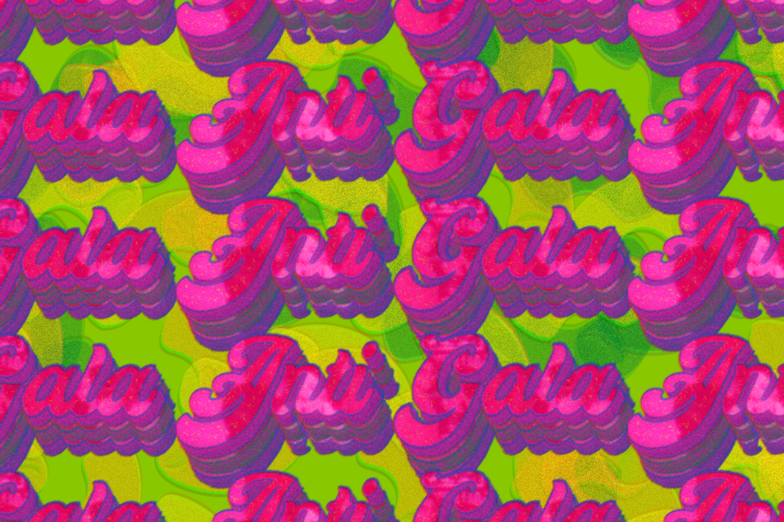 A graphic with the words "Anti Gala" repeated over and over in large bold, cursive magenta font. She text has a bold purple shadow, and the background is lime green.