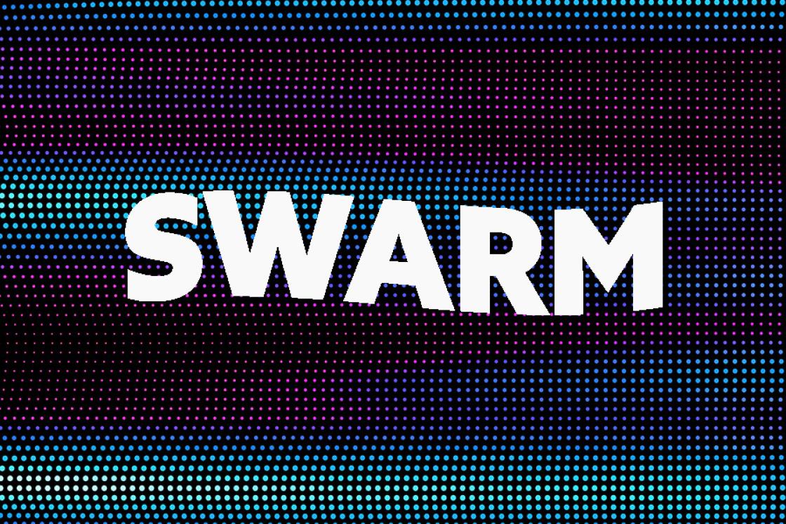 A black graphic with varied sized dots over top in a gradient from purple to cyan. The graphic says "SWARM" in bold white lettering. 
