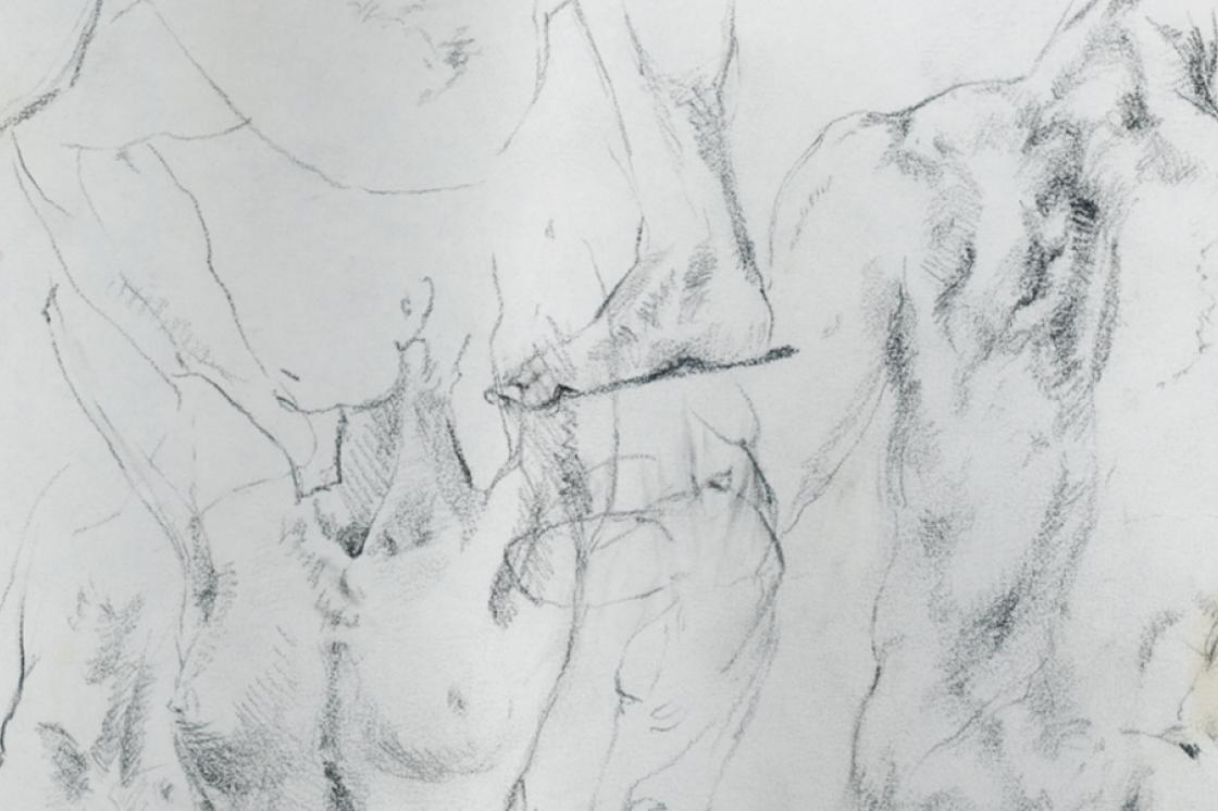 Multiple pencil-drawn bodies layered over each other on white paper.