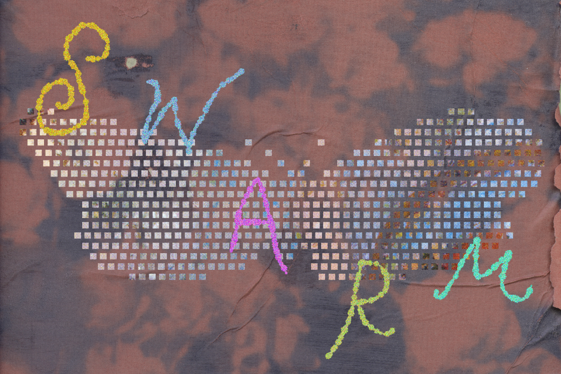 A floral background with a digital pixelated butterfly over top. Text that says "SWARM" in yellow, blue, pink, green and cyan.