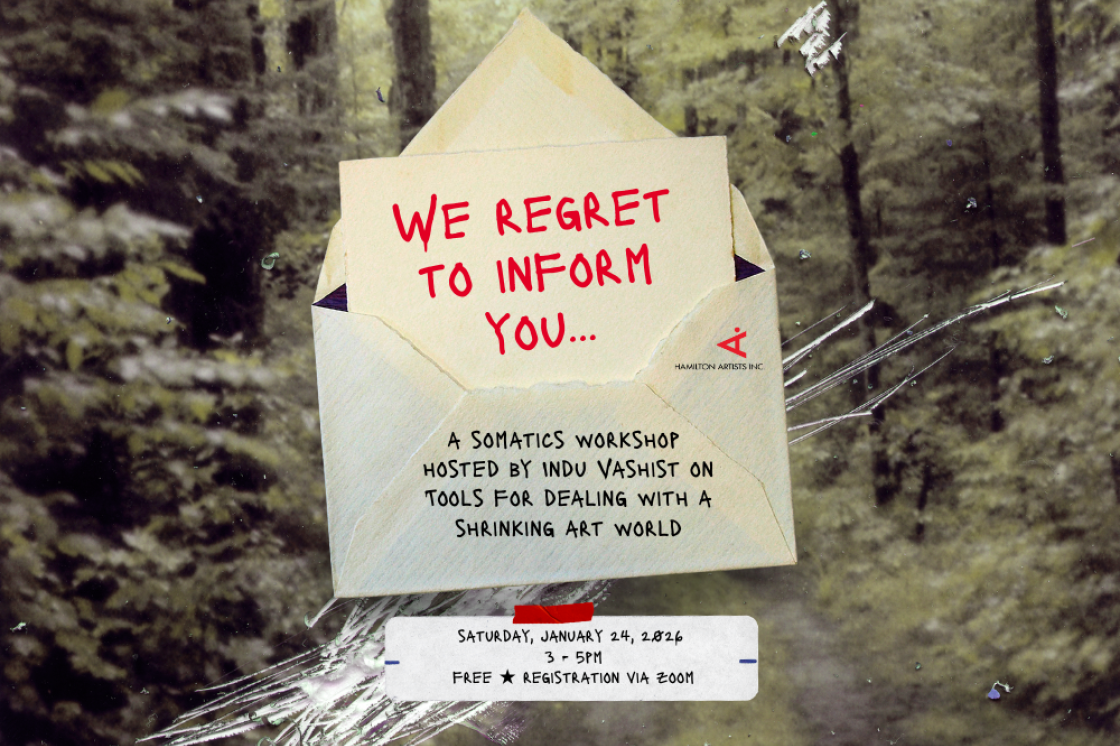 A letter opened with the text "We Regret to Inform You..." written in red, and with the text "a somatics workshops hosted by Indu Vashist on tools for dealing with a declining art world". Below it, it says "Saturday January 24 from 3-5pm; free / registration via zoom"