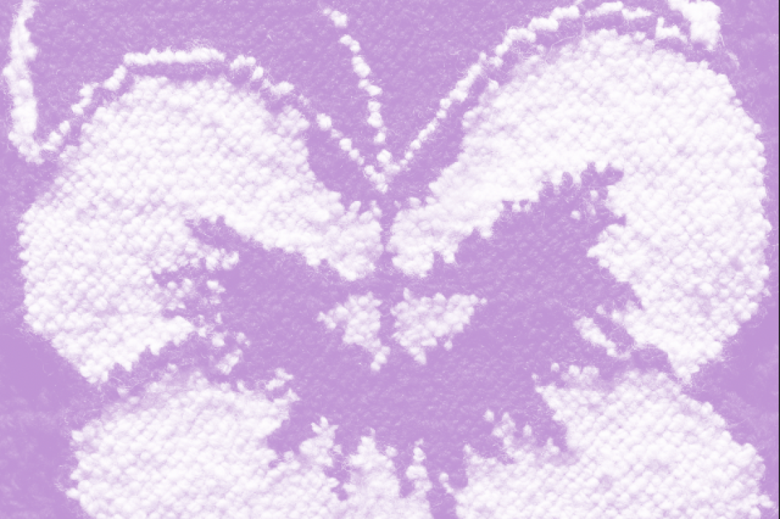 A white poppy knit onto a lilac purple, knit background.