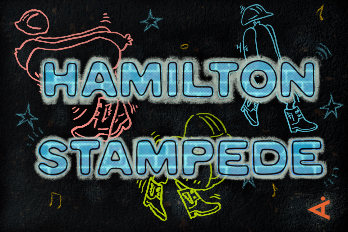 "Hamilton Stampede" is written in glowing light blue, bold font. There are illustrations of hot dogs wearing cowboy boots behind the text, with colourful stars. 