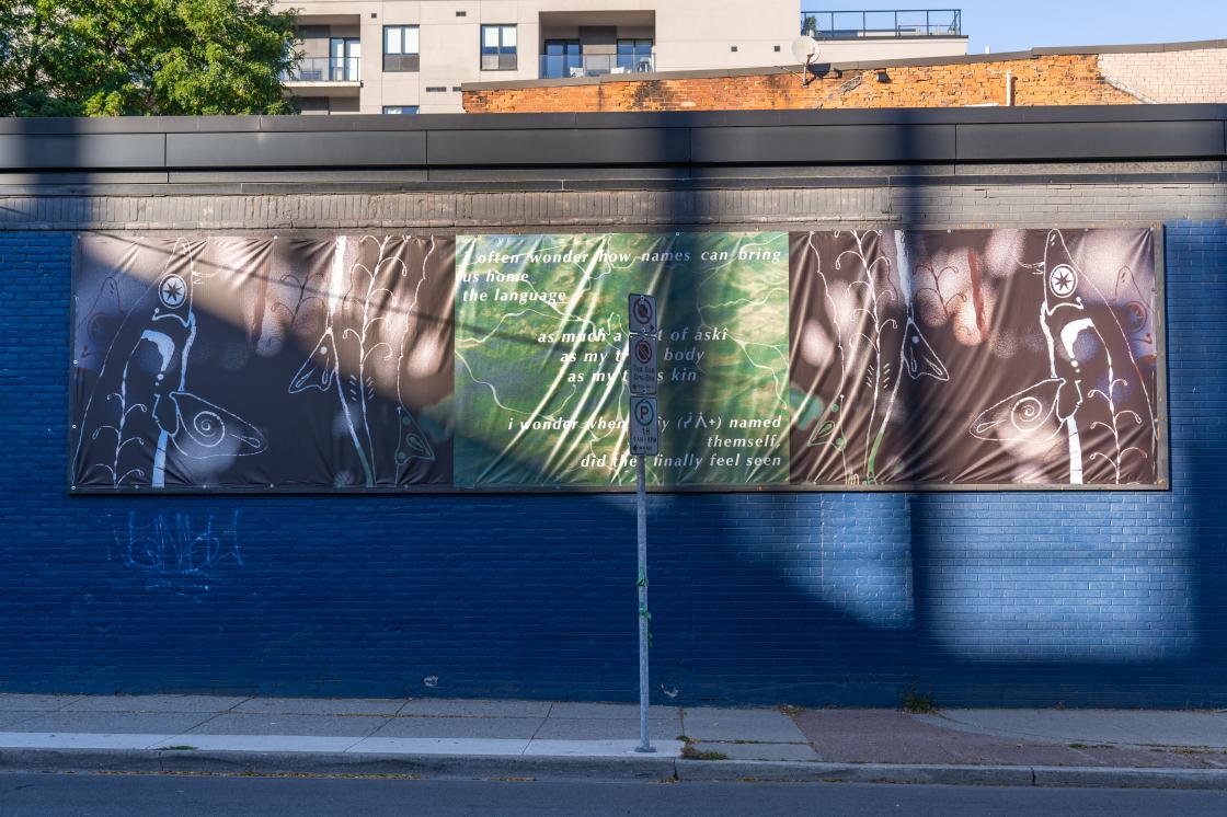 A photo of a billboard on our Cannon Street wall, the brick behind the billboard is dark blue, and there is a shadow being cast over the billboard. The billboard is by Theo Donovan - "I wonder when sîpîy (ᓰᐲᕀ) named themself, did they finally feel seen" is a mixed media photographic collage billboard that uses a combination of physical drawing, digital manipulation and photography to tell the story of queer connections to the land. A fractal pattern dances across the water."