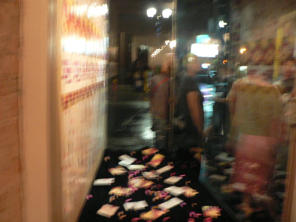 Blurry photo of snack table at night.