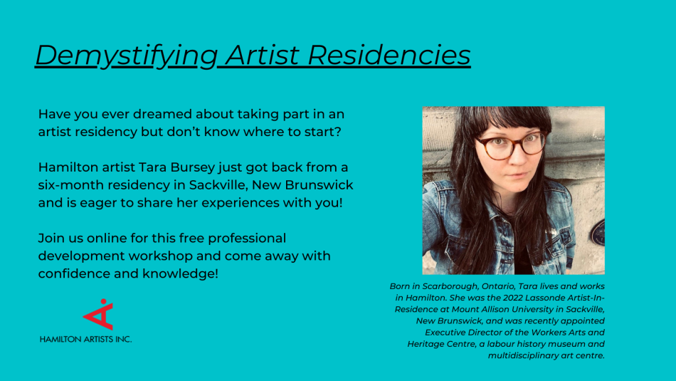 Demystifying Artist Residencies poster with a picture of the facilitator from the chest up, on a turquoise background 