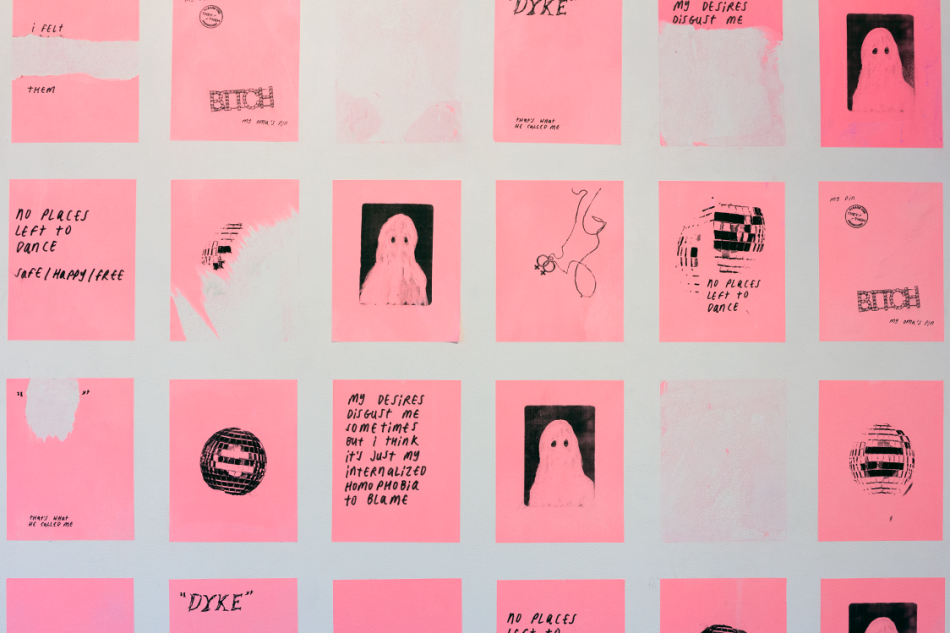 Installation view of the exhibition the space in which we have dissolved, a white wall with neon pink posters in a grid