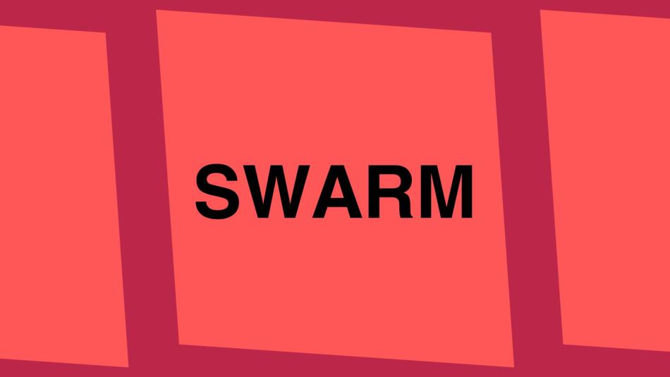 The image is a logo for the exhibition SWARM. The graphic is a dark red rectangle on it's long side with a pattern of three offset orange coloured-squares overlayed. In black text, the word SWARM appears in the center.