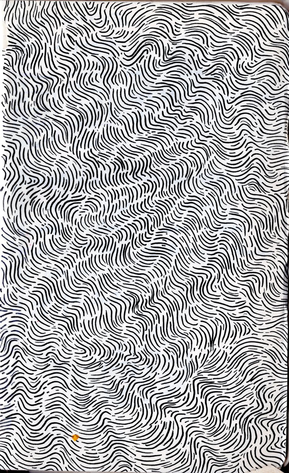 The image is an abstract illustration. The image is a collection of long, waving black lines on a simple white background. The lines are like waves of hair, which occupy the whole of the image.