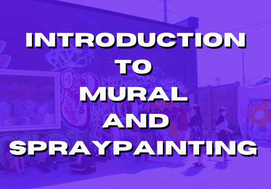 A photo of Clear Eyes Collective creating a mural in the courtyard at Hamilton Artists Inc. Text reads "Introduction to Mural and Spraypainting"
