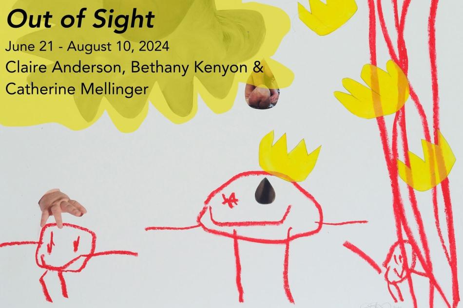 The image is a crop of the work [] by []. The work is a mixed media collage featuring red oil pastel drawings of rock-bodied beings with simple gold crowns. Images of children are collaged above the figures.