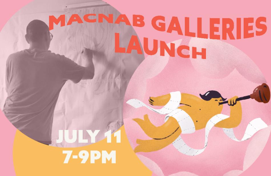 This image is the website banner for our MacNab Galleries launch on July 11, 7-9pm. The poster features artwork from the mural artists including 