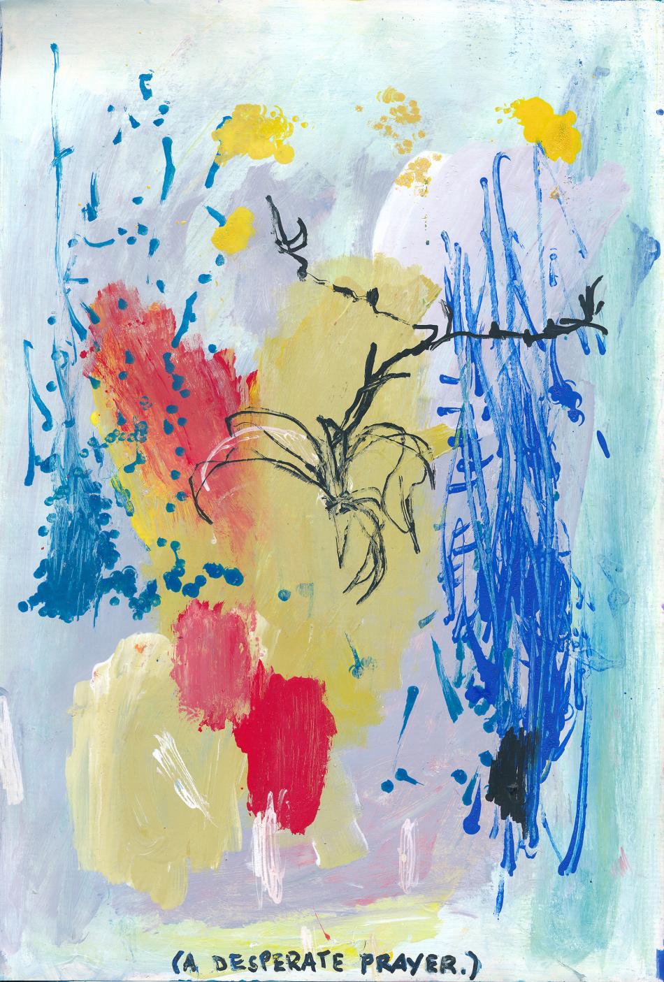 An acrylic painting, messily done on a long, thin, vertical page. The colors of the background lap up and settle against the white edges of the page in foamy blues, cool lilacs, and murky, greyish-greens. In the central middle-ground, thin yellows and dull creams ebb and pool. Then, in the central foreground, frenetic, bright red patches appear, with small golden yellow blobs and stippled dots like flying pollen. 