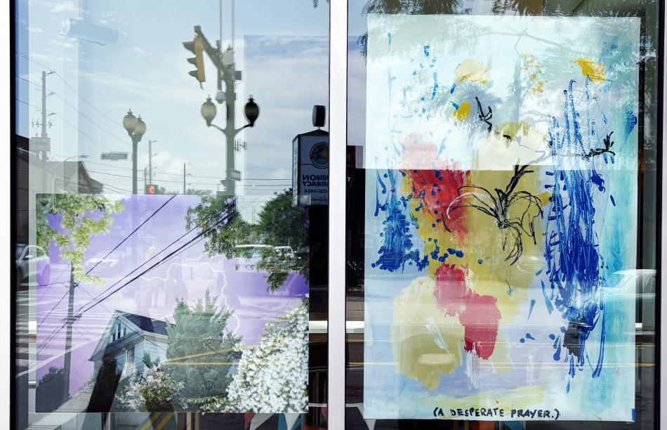 This is the window exhibition, 'Didn't you say you had been here?' featuring works by Carmella Dolmer and Paul Seaton.