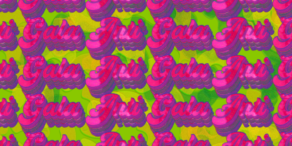 A graphic with the words "Anti Gala" repeated over and over in large bold, cursive magenta font. She text has a bold purple shadow, and the background is lime green.