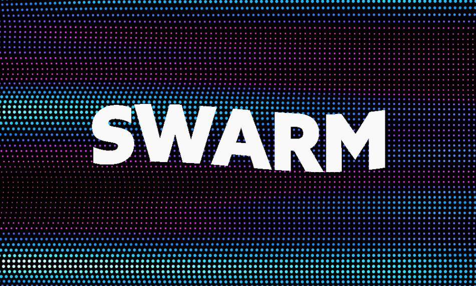 A black graphic with varied sized dots over top in a gradient from purple to cyan. The graphic says "SWARM" in bold white lettering.