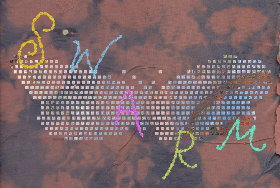 A floral background with a digital pixelated butterfly over top. Text that says "SWARM" in yellow, blue, pink, green and cyan.