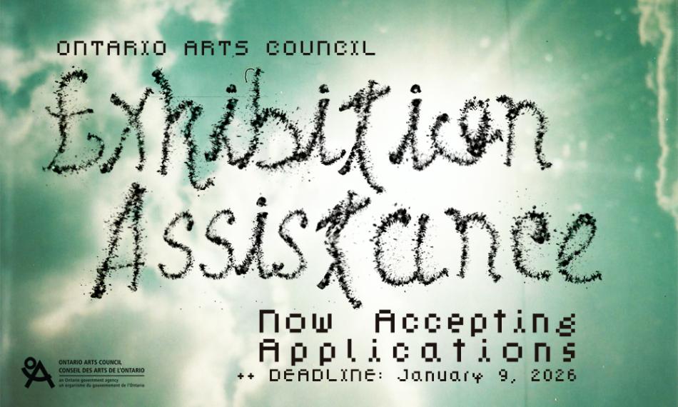 A film photograph of the sky and the sun bursting with light with a couple of clouds. The text says "Ontario Arts Council Exhibition Assistance, Now Accepting Applications. Deadline: January 9, 2026"