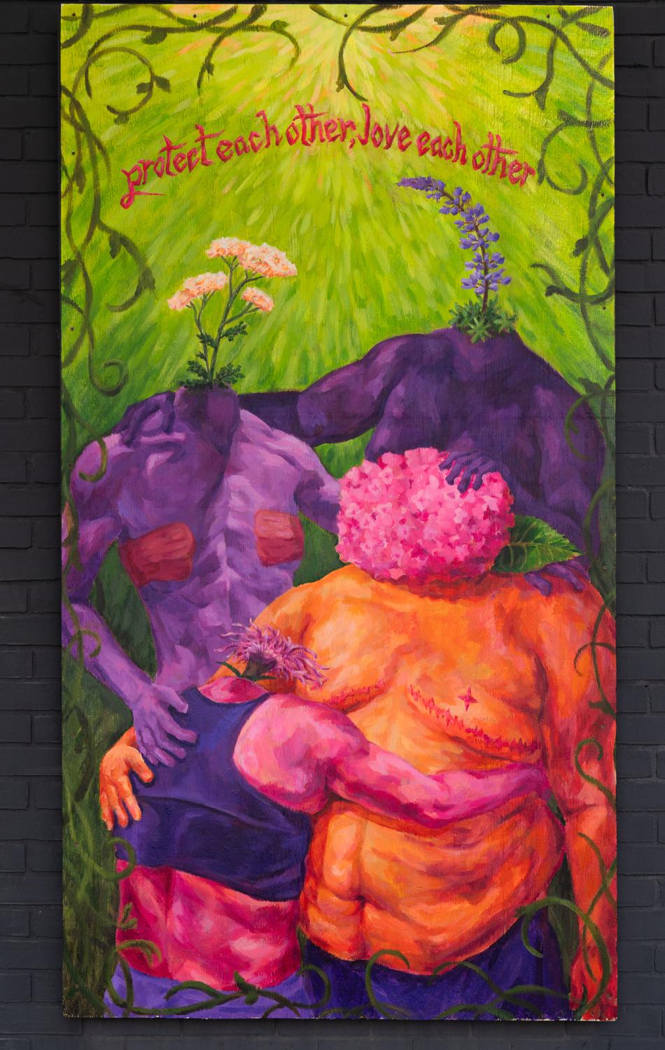 Ash's painting "Bloom" on our James Street Wall. It features four colourful, headless figures with flowers instead of heads. The smallest figure, pink skin, faces away and towards an orange figure and hugs them. One purple figure is facing forward and has one hand on the back of the pink figure. A darker purple figure is behind them all and places their hands on the backs of the other purple and orange figure.
