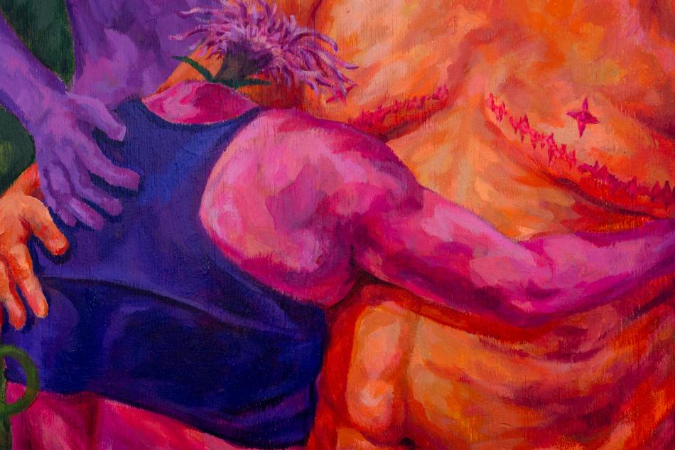 A close-up of Ash's mural. A pink, smaller figure in a blue tank top, with a purple flower instead of a head, faces away towards a larger, orange torso and hugs them. A purple figure holds their hand on the back of the blue tank top.