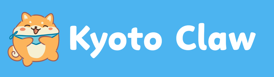 The logo for Kyoto Claw. There's a light blue background with bold white text saying "Kyoto Claw". There's an illustration of a small, happy, orange cat with a turquoise tie.
