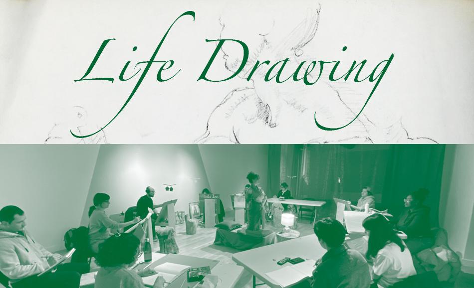 A banne that reads "Life Drawing" in italicized, green font on a white background with a portion of a drawing of a body behind it. Underneath is a photo of a group of people drawing with a model in the middle of the group. 