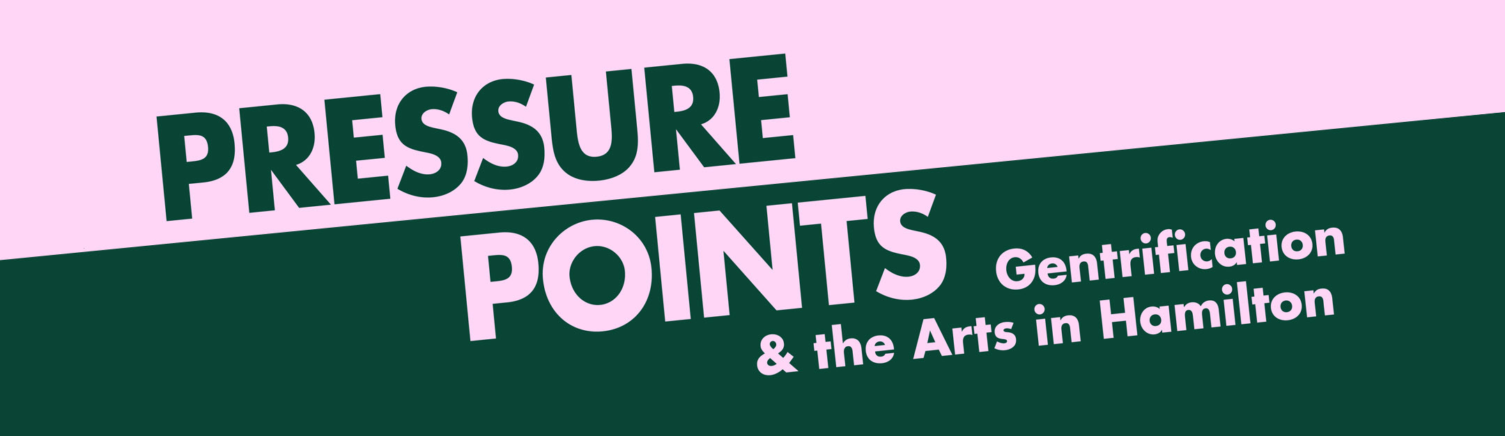 A light pink and forest green banner graphic, with serif font that says “Pressure Points” in capital letters. There is a subtitle that says: “Gentrification & The Arts in Hamilton.”